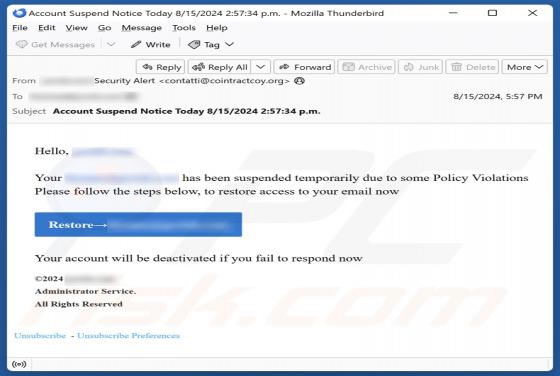 Email Has Been Suspended Due To Policy Violations Scam