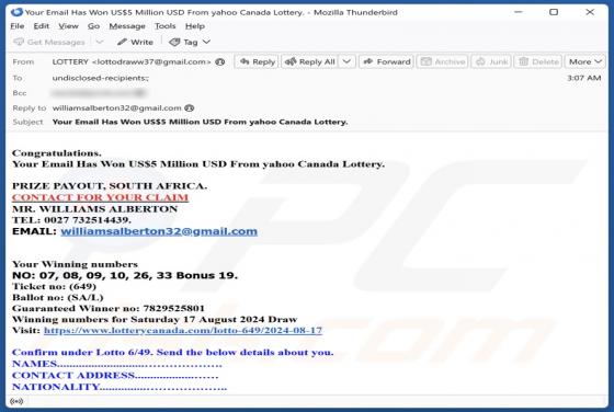 Yahoo Canada Lottery Email Scam