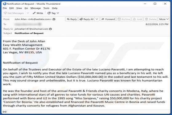 Luciano Pavarotti Testament Email Scam