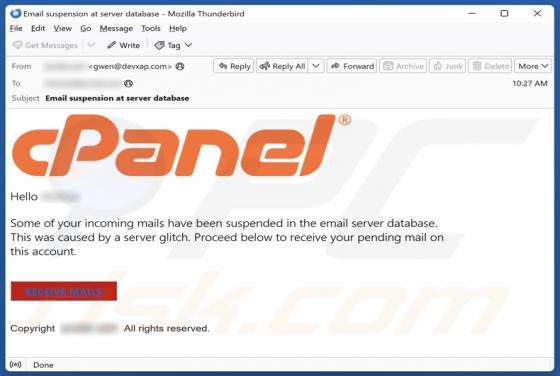 cPanel - Server Glitch Email Scam