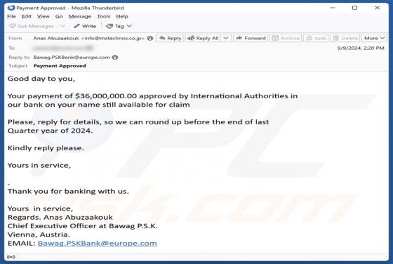 Payment Approved By International Authorities Email Scam