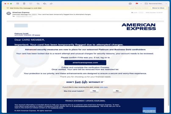 AMERICAN EXPRESS Card Has Been Temporarily Flagged Email Scam