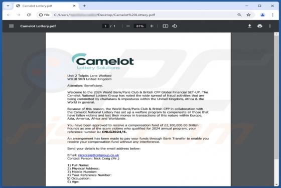 Camelot Lottery Solutions Email Scam