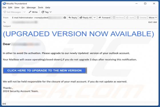 Outlook - Upgraded Version Now Available Email Scam