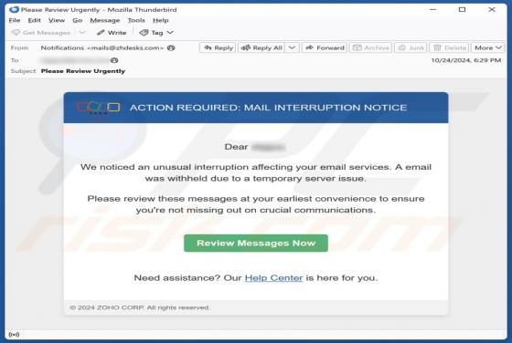 ZOHO Mail Interruption Notice Scam