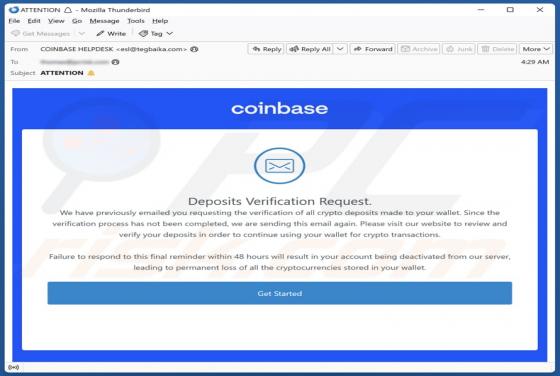Coinbase - Deposits Verification Request Email Scam