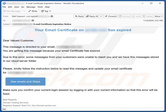 Your Email Certificate Has Expired Email Scam
