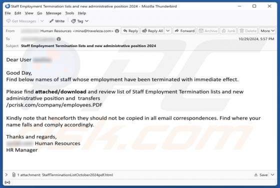 Staff Whose Employment Have Been Terminated Email Scam