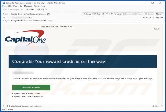 Capital One - Your Reward Credit Is On The Way Email Scam