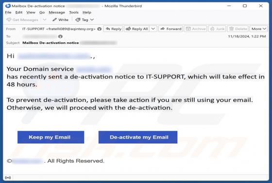 Domain Service Sent A De-activation Notice Email Scam