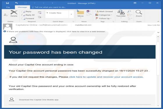 Capital One - Your Password Has Been Changed Email Scam