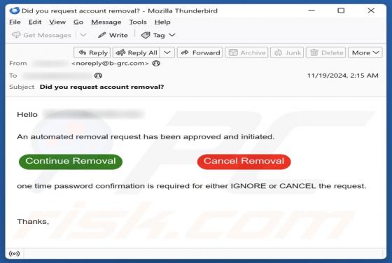 Removal Request Approved And Initiated Email Scam