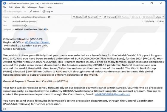 World Covid-19 Support Program (W.C.S.P) Email Scam