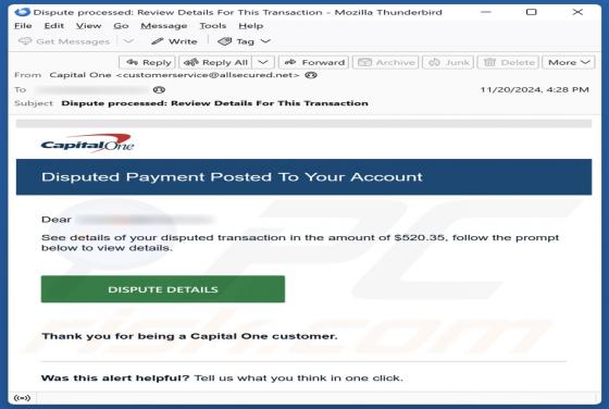 Capital One - Disputed Payment Posted To Your Account Email Scam