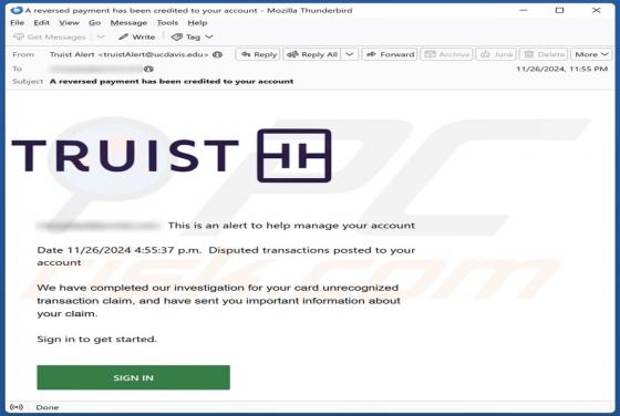 Truist - Disputed Transactions Posted To Your Account Email Scam