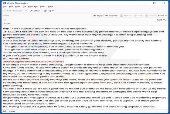 I Have Penetrated Your Device's Operating System Email Scam