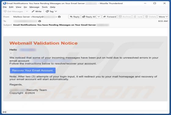 Webmail Validation Notice Email Scam