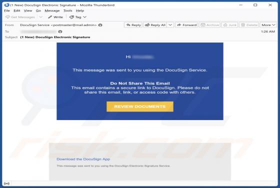 Message Sent Using DocuSign Service Email Scam