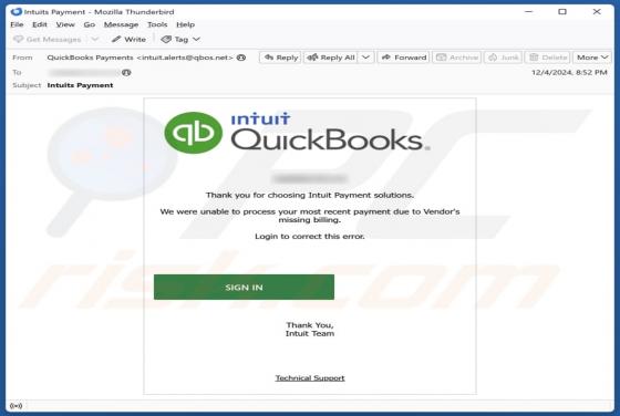 Intuit QuickBooks - Unable To Process Payment Email Scam