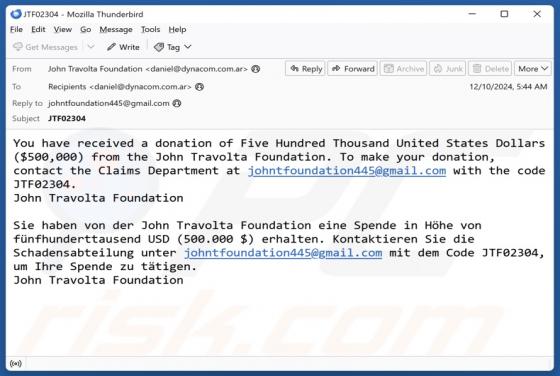 John Travolta Foundation Email Scam