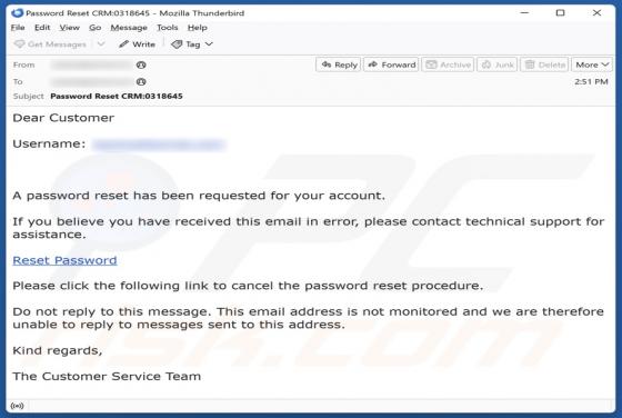 Password Reset Has Been Requested Email Scam