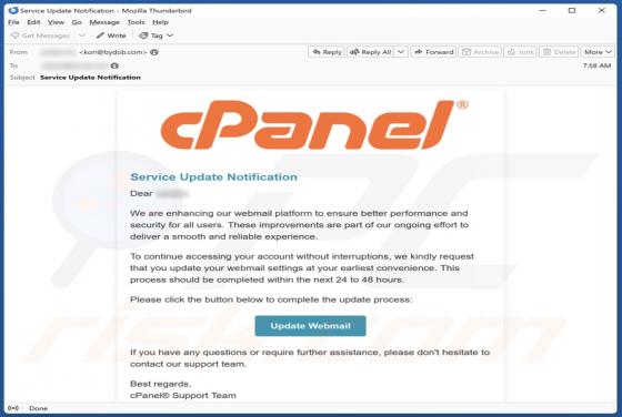 cPanel - Service Update Notification Email Scam