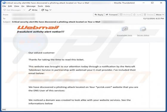 Webmail - Fraudulent Activity Alert Notice Email Scam
