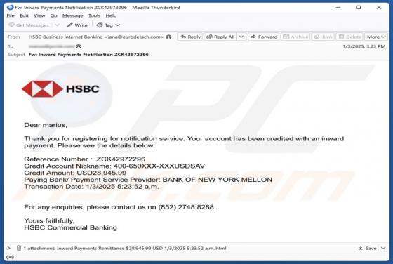 HSBC - Account Credited With An Inward Payment Email Scam