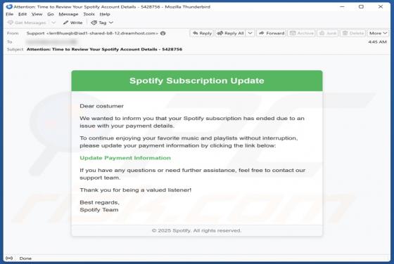 Spotify Subscription Update Email Scam