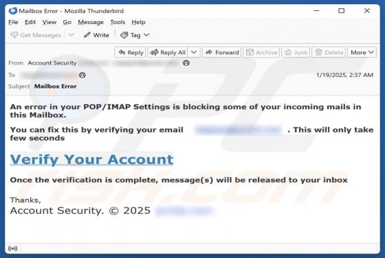 POP/IMAP Settings Blocking Incoming Mail Scam