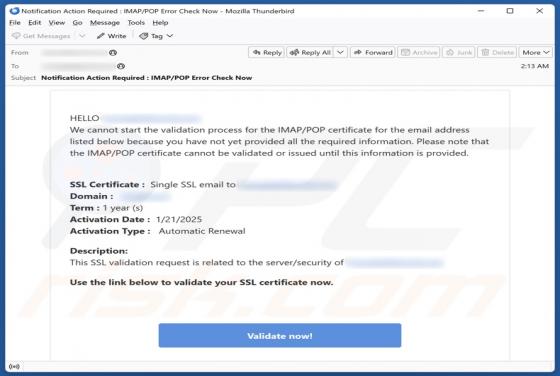 IMAP/POP Certificate Validation Email Scam