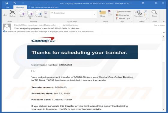 Capital One - Transfer Schedule Email Scam