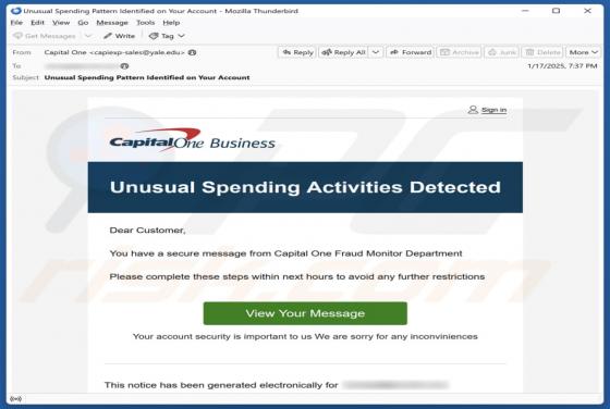 Capital One - Unusual Spending Activities Detected Email Scam
