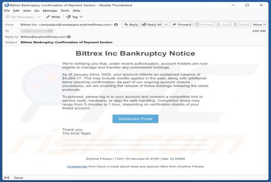 Bittrex Inc Bankruptcy Notice Email Scam