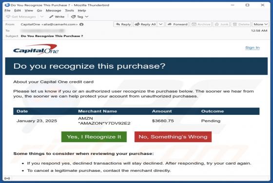 Capital One - Unrecognized Purchase Email Scam