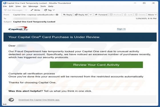 Capital One - Card Purchase Is Under Review Email Scam