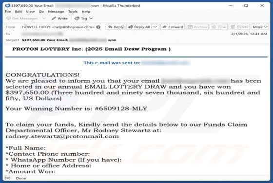 PROTON LOTTERY Email Scam