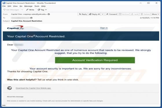 Capital One - Account Restricted Email Scam