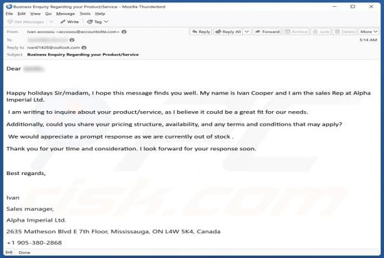 Inquire About Your Product/Service Email Scam