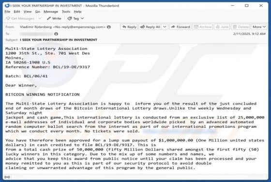 Bitcoin International Lottery Email Scam