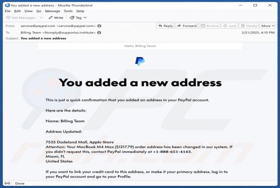 PayPal - You Added A New Address Email Scam