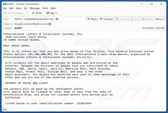 International Lottery & Totalizator Systems Email Scam