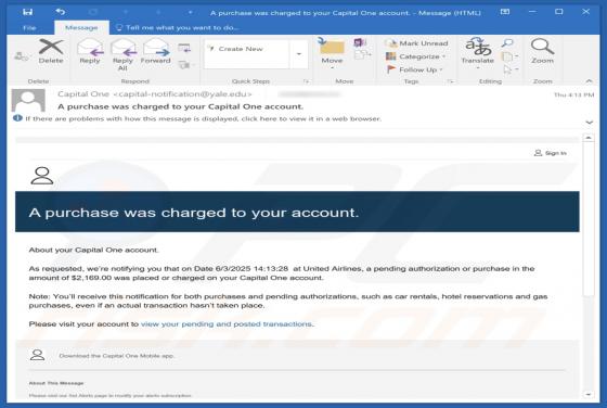 Capital One - Purchase Was Charged To Your Account Email Scam