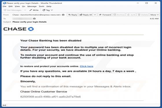 Your Chase Banking Has Been Disabled Email Scam