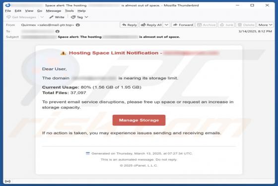 Hosting Space Limit Notification Email Scam