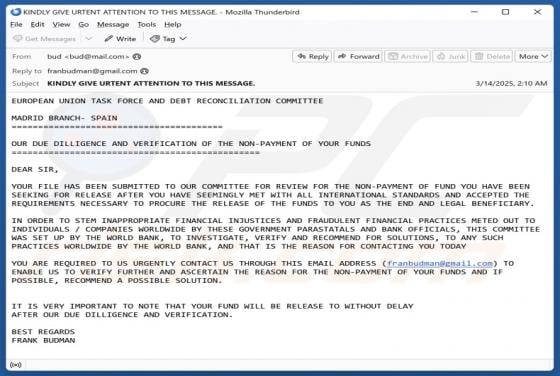 Non-payment Of Fund Email Scam