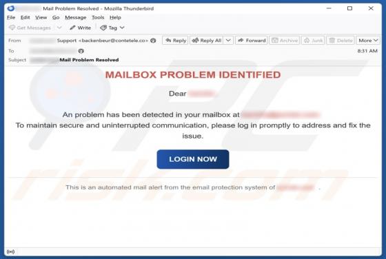 Mailbox Problem Identified Email Scam
