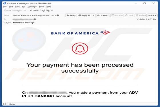 Bank Of America - Payment Processed Successfully Email Scam