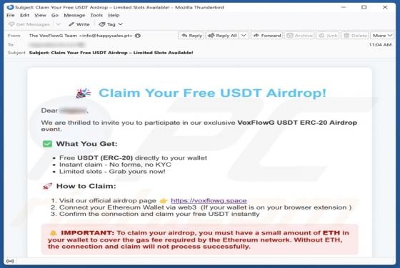 VoxFlowG USDT Airdrop Email Scam