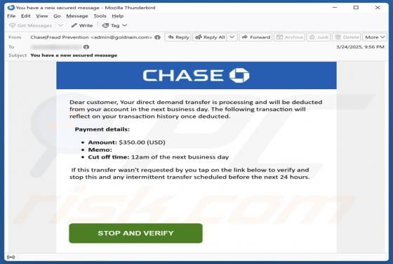 Chase - Transfer Is Processing And Will Be Deducted Email Scam